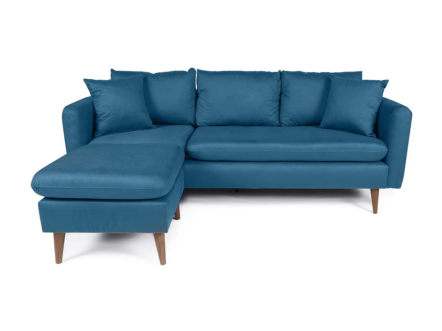 Canapé d'angle gauche tissu bleu canard avec pieds en bois naturel Rival 215cm