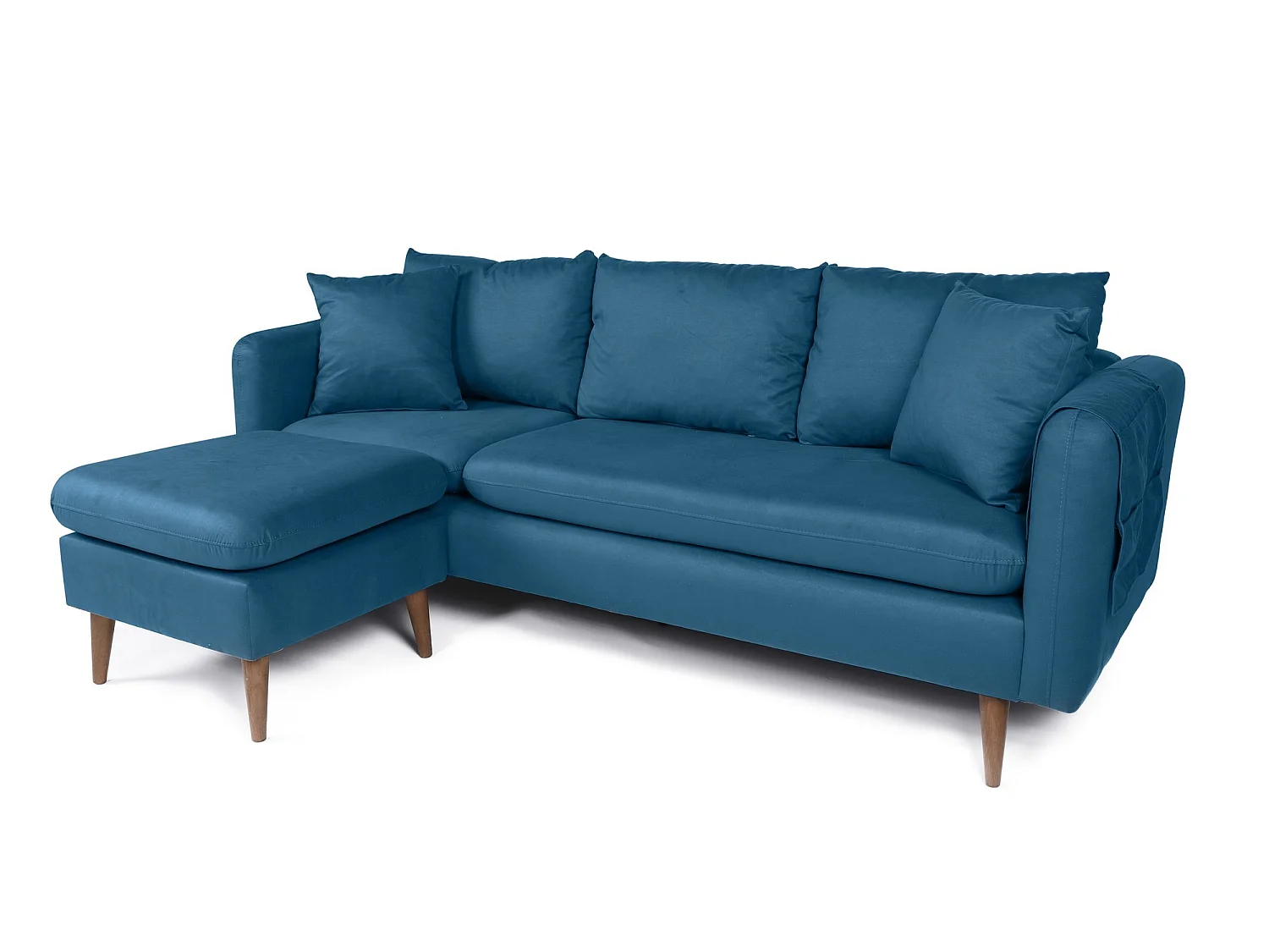 Canapé d'angle gauche tissu bleu canard avec pieds en bois naturel Rival 215cm