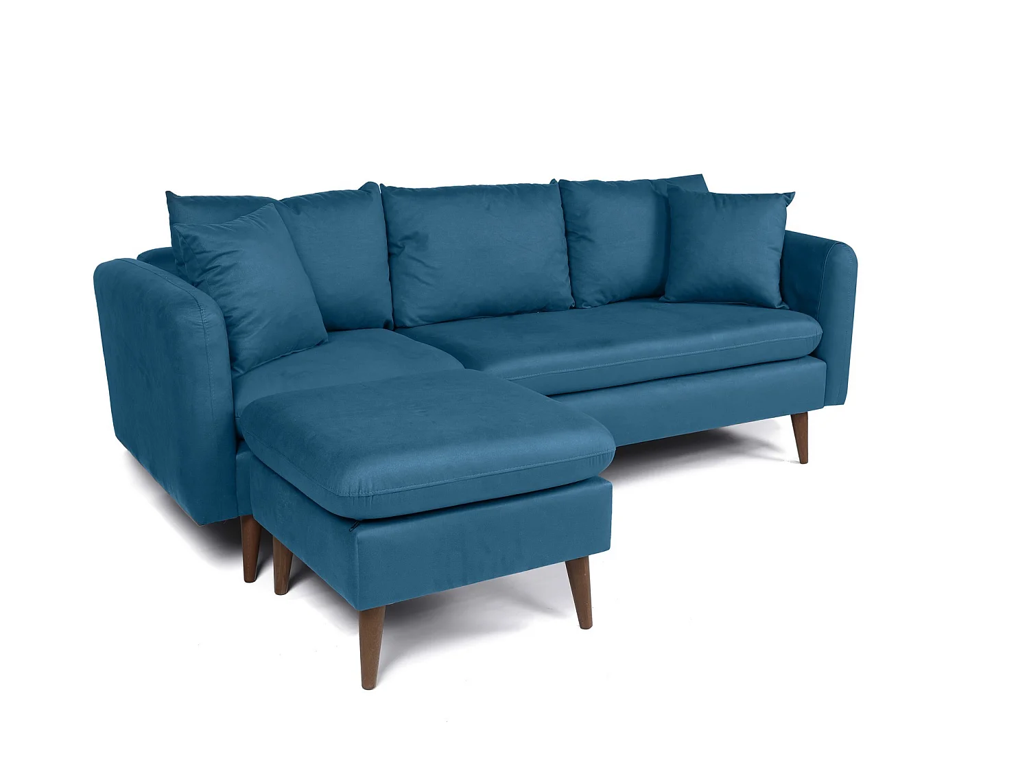 Canapé d'angle gauche tissu bleu canard avec pieds en bois naturel Rival 215cm