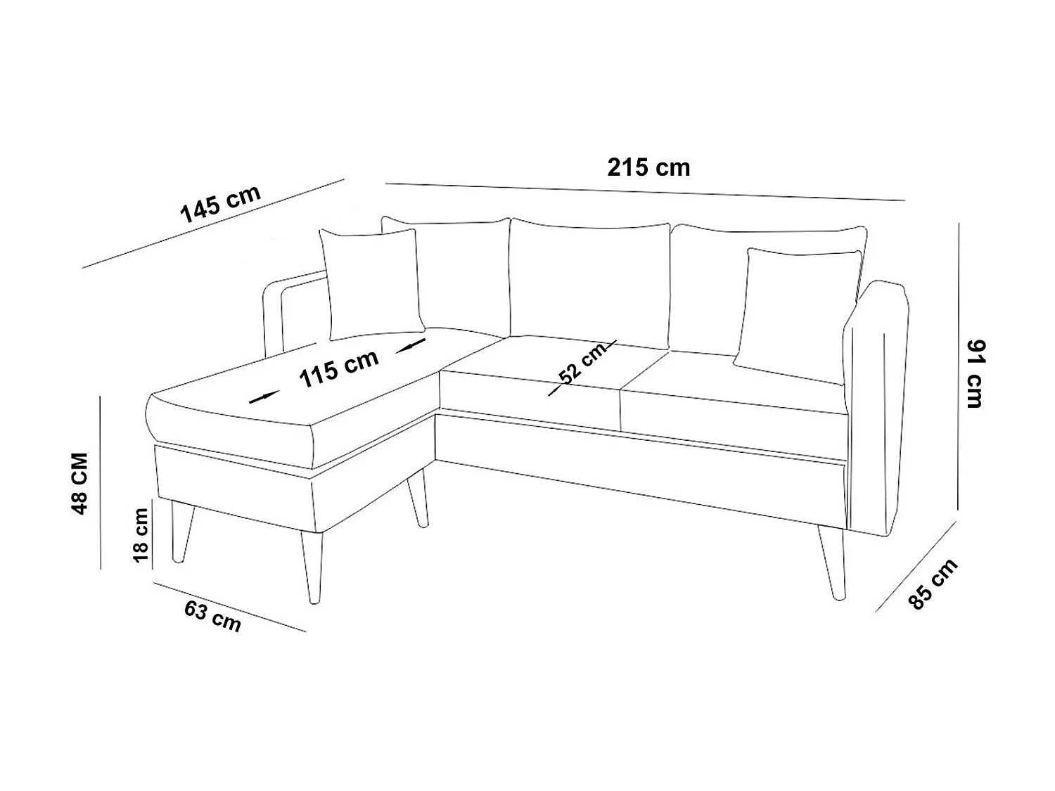 Canapé d'angle gauche tissu bleu canard avec pieds en bois naturel Rival 215cm