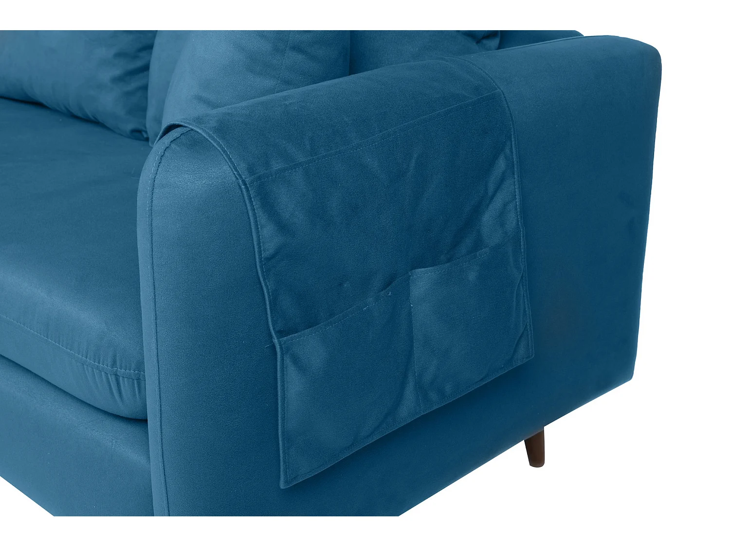 Canapé d'angle gauche tissu bleu canard avec pieds en bois naturel Rival 215cm