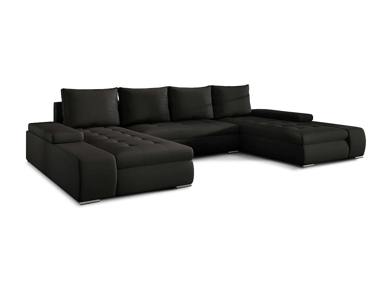 Grand canapé convertible panoramique design simili cuir noir avec coffre de rangement Tino 363cm