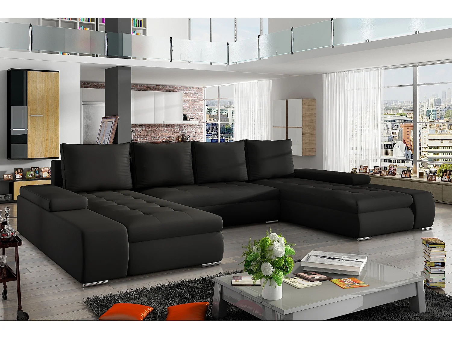 Grand canapé convertible panoramique design simili cuir noir avec coffre de rangement Tino 363cm