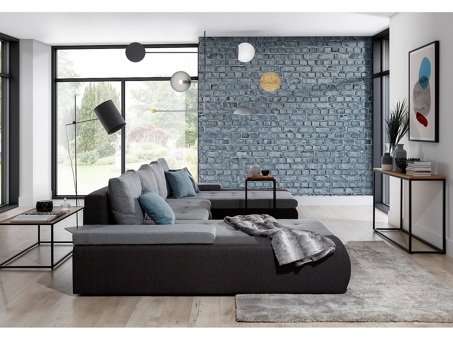 Grand canapé convertible panoramique design simili cuir noir avec coffre de rangement Tino 363cm