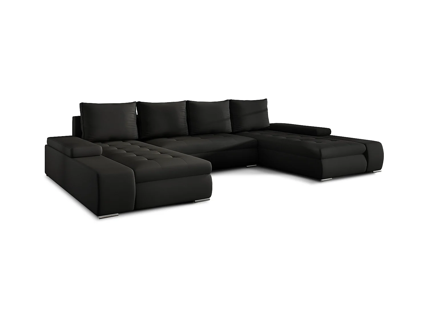 Grand canapé convertible panoramique design simili cuir noir avec coffre de rangement Tino 363cm