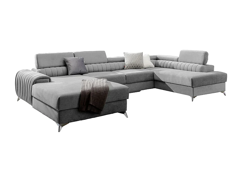 Canapé d'angle U tissu gris clair coffre de rangement à droite Kalante 347cm