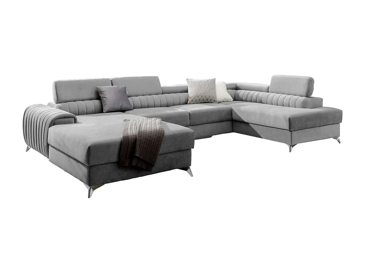 Canapé d'angle U tissu gris clair coffre de rangement à droite Kalante 347cm