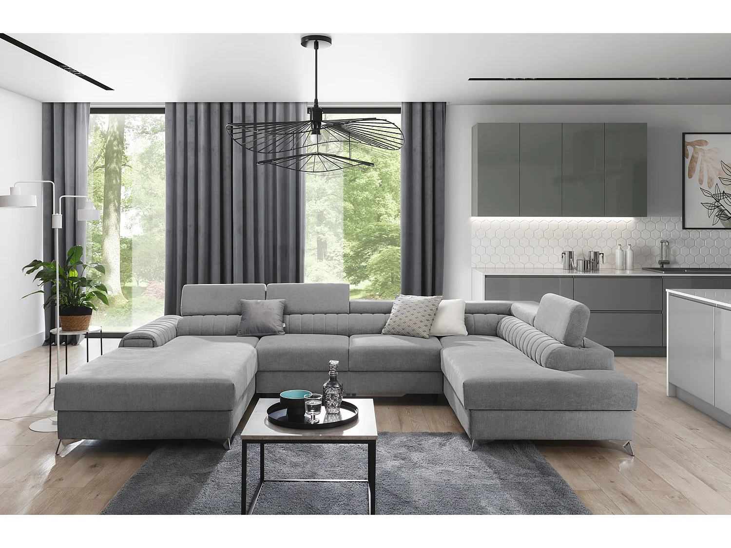 Canapé d'angle U tissu gris clair coffre de rangement à droite Kalante 347cm