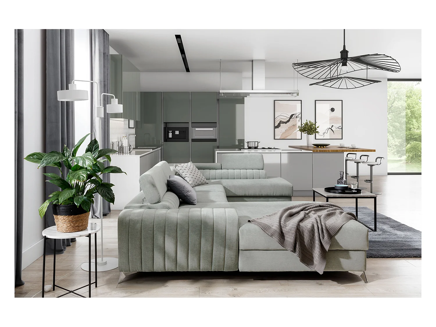 Canapé d'angle U tissu gris clair coffre de rangement à droite Kalante 347cm