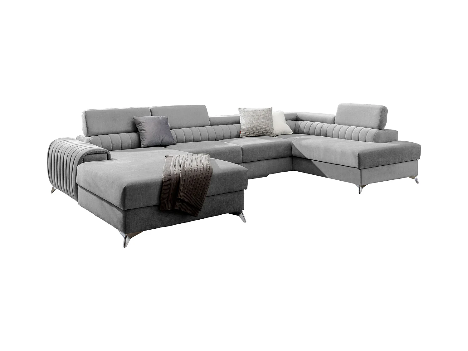 Canapé d'angle U tissu gris clair coffre de rangement à droite Kalante 347cm