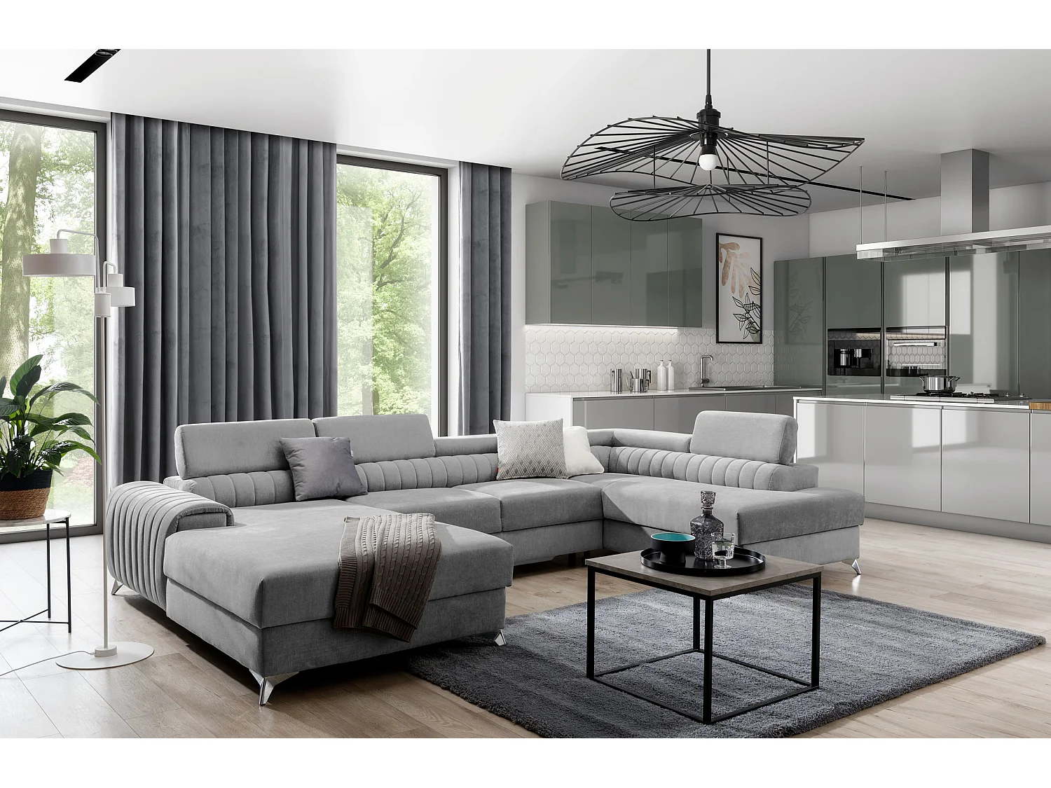 Canapé d'angle U tissu gris clair coffre de rangement à droite Kalante 347cm