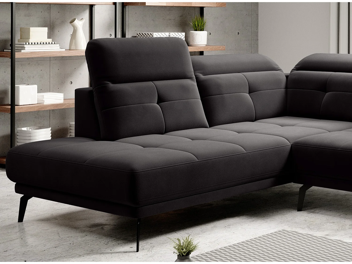 Canapé panoramique moderne velours noir têtières angle gauche Versus 350cm