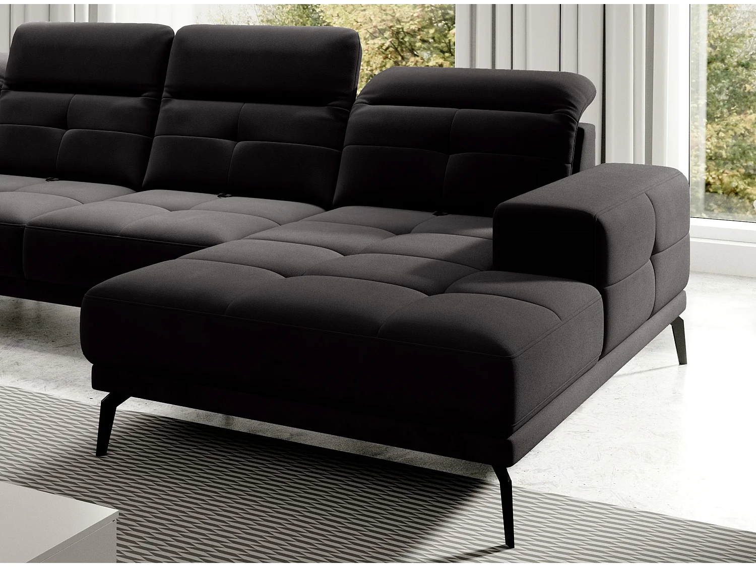 Canapé panoramique moderne velours noir têtières angle gauche Versus 350cm