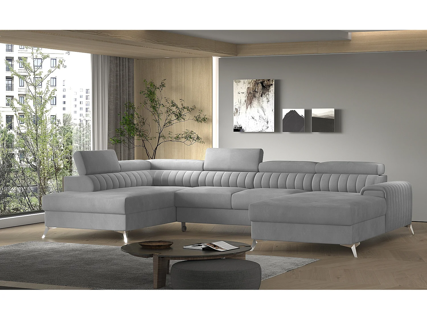 Canapé d'angle U tissu doux brillant gris clair coffre de rangement à gauche Kalante 347cm