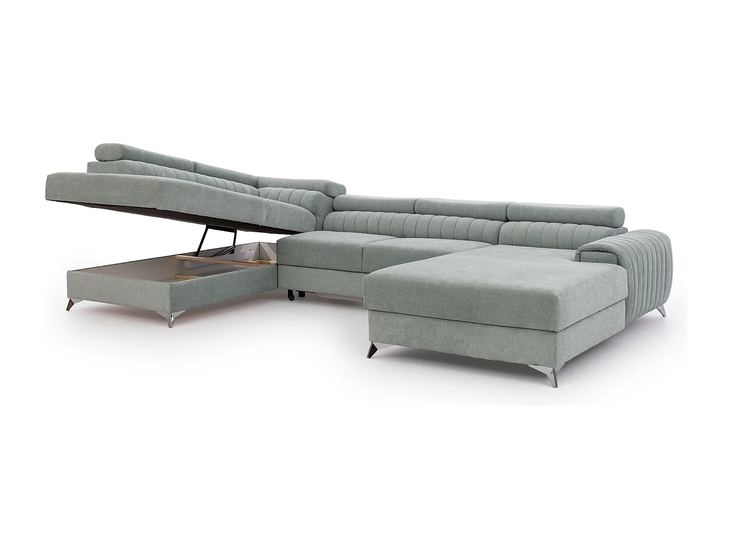 Canapé d'angle U tissu doux brillant gris clair coffre de rangement à gauche Kalante 347cm