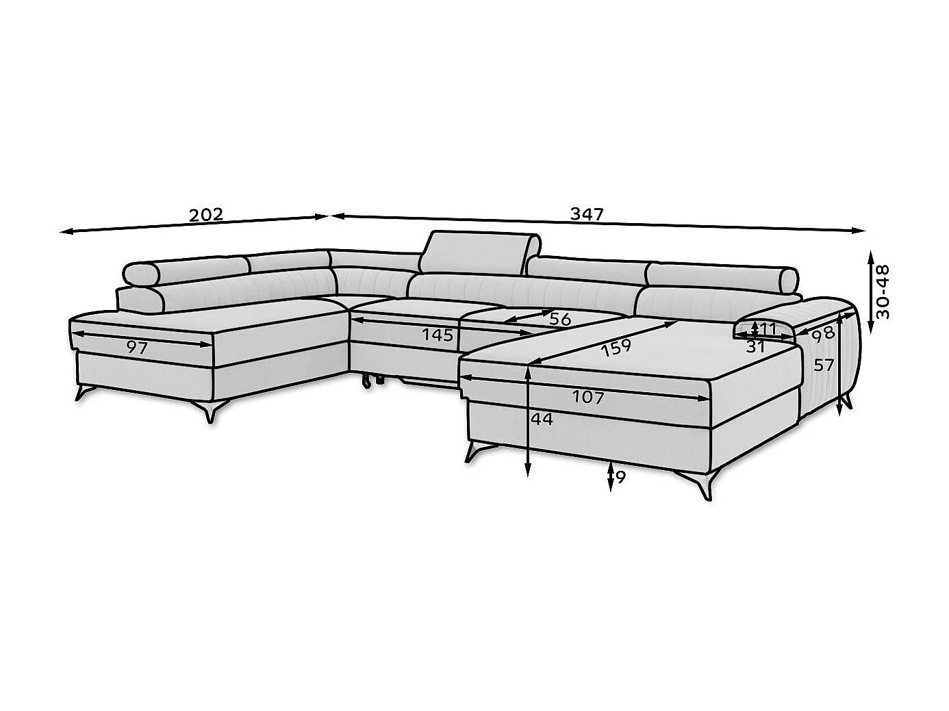 Canapé d'angle U tissu doux brillant gris clair coffre de rangement à gauche Kalante 347cm