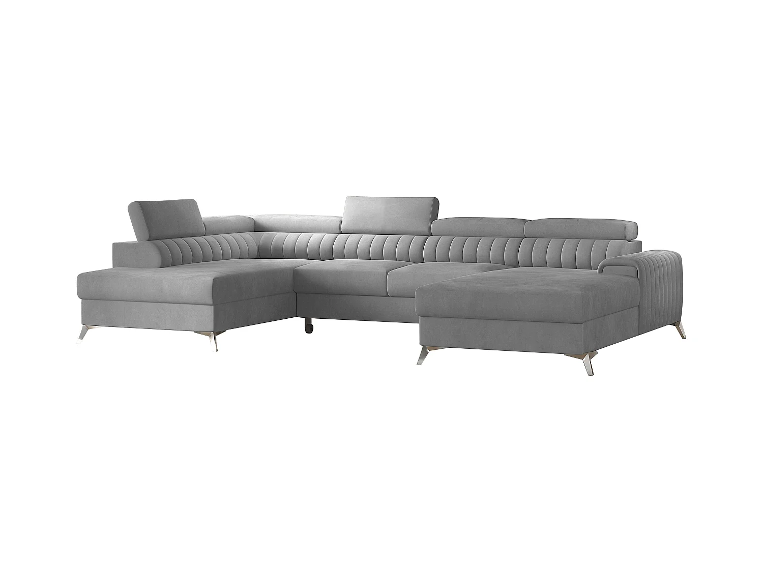 Canapé d'angle U tissu doux brillant gris clair coffre de rangement à gauche Kalante 347cm