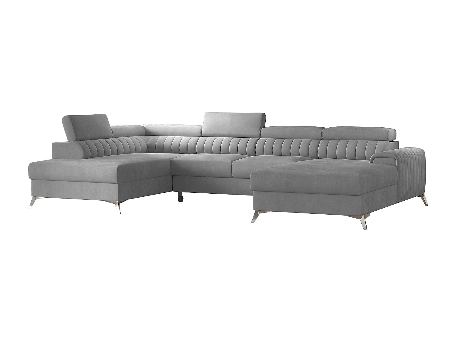 Canapé d'angle U tissu doux brillant gris clair coffre de rangement à gauche Kalante 347cm