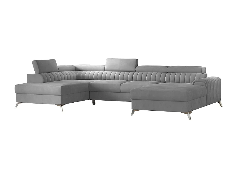 Canapé d'angle U tissu doux brillant gris clair coffre de rangement à gauche Kalante 347cm