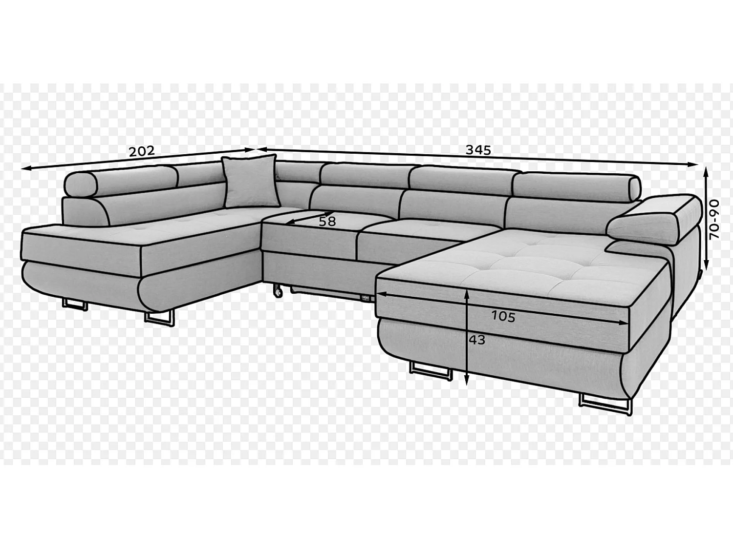 Canapé panoramique velours vert convertible avec coffre de rangement Romano 345cm-Coffre de rangement à gauche