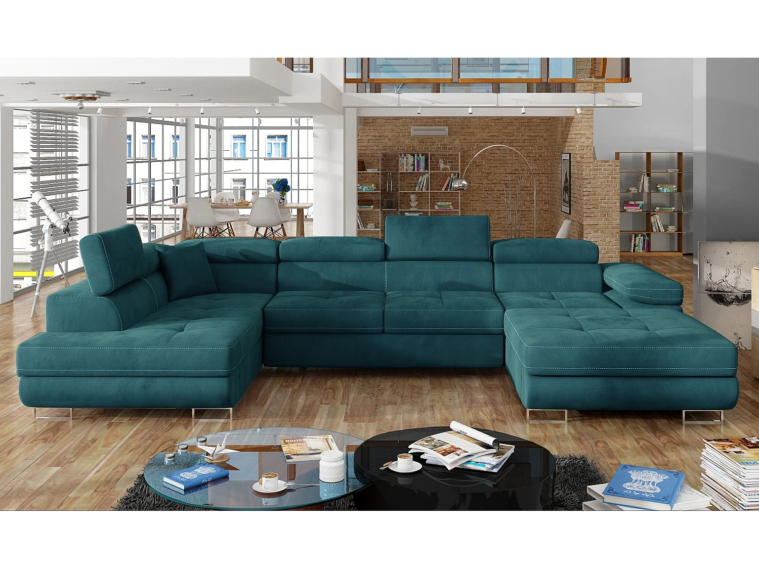 Canapé panoramique velours vert convertible avec coffre de rangement Romano 345cm-Coffre de rangement à gauche