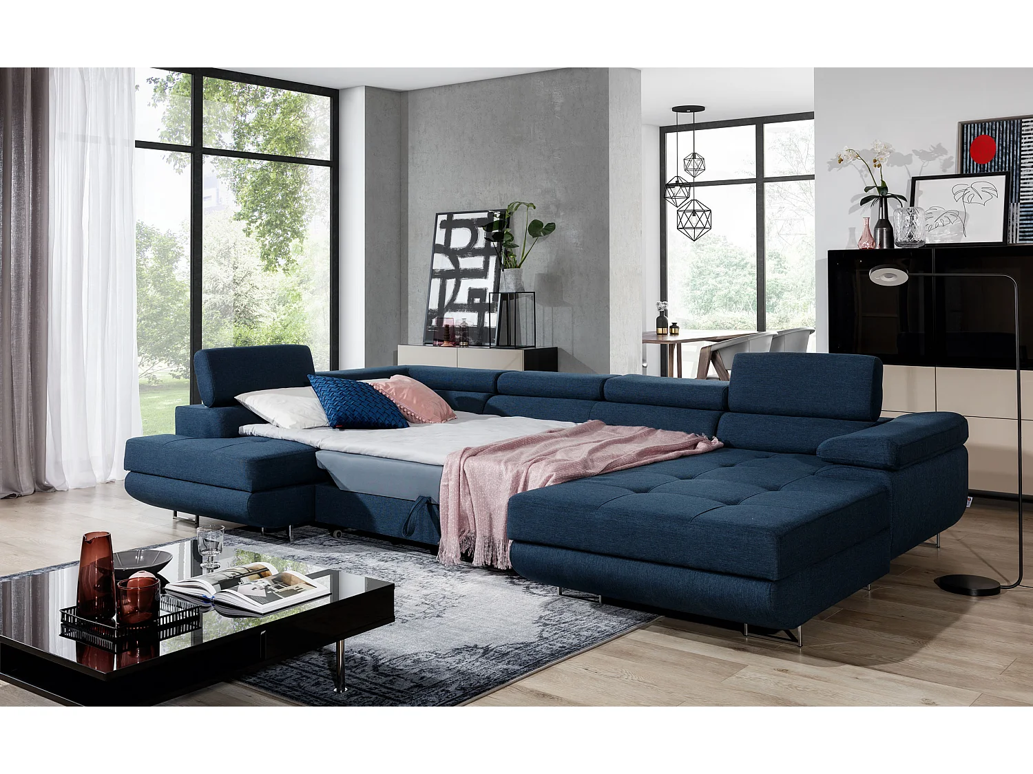 Canapé panoramique velours vert convertible avec coffre de rangement Romano 345cm-Coffre de rangement à gauche