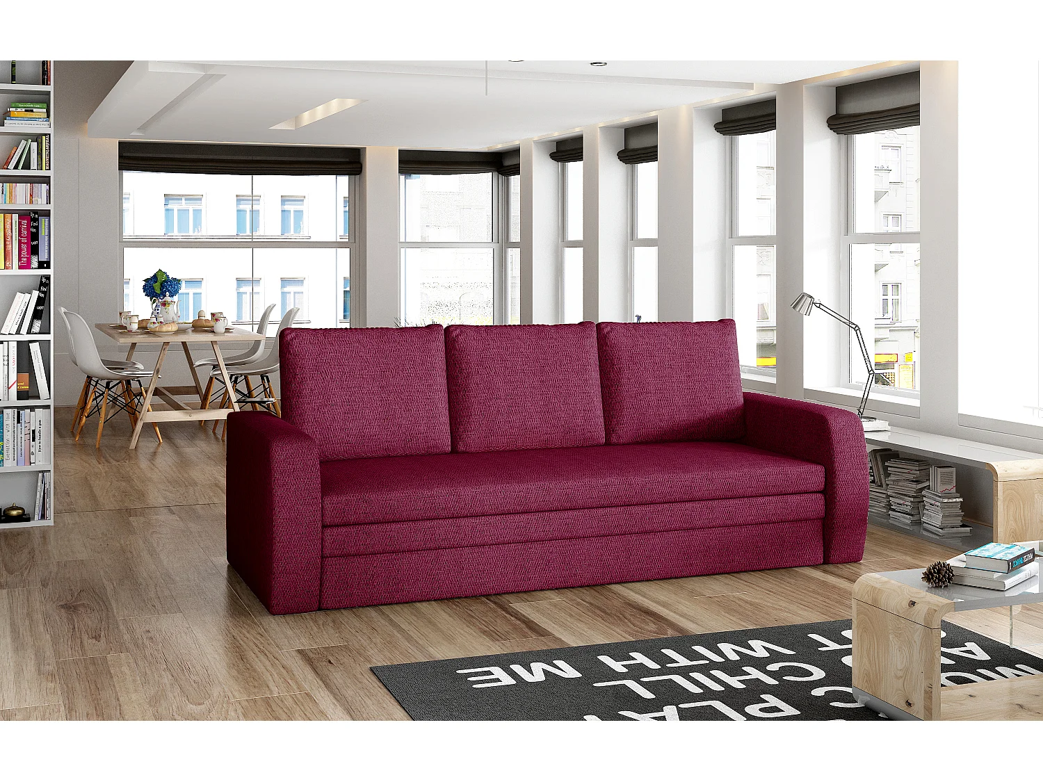 Canapé lit tissu franboise avec coffre de rangement Liverna 220cm