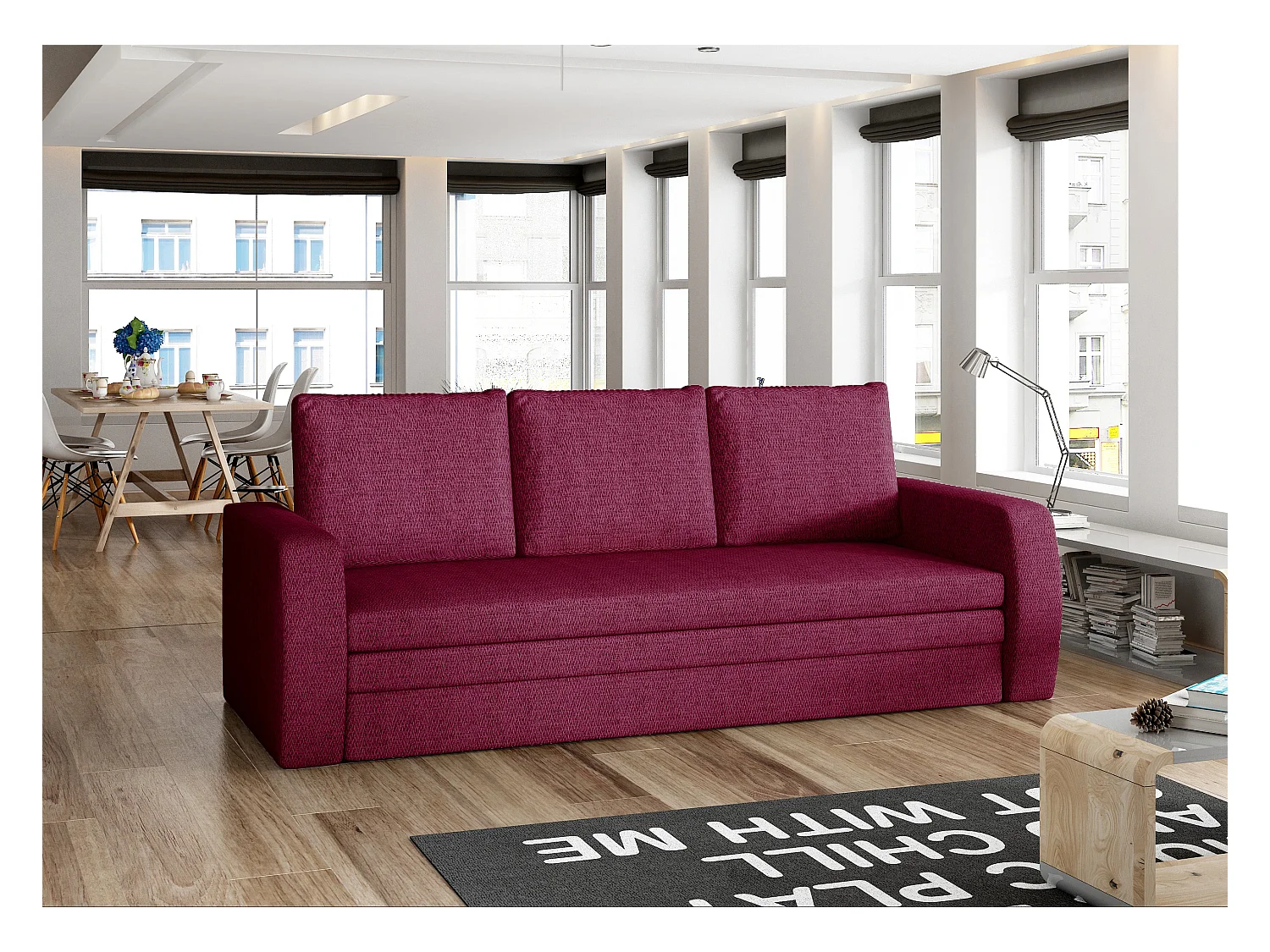 Canapé lit tissu franboise avec coffre de rangement Liverna 220cm