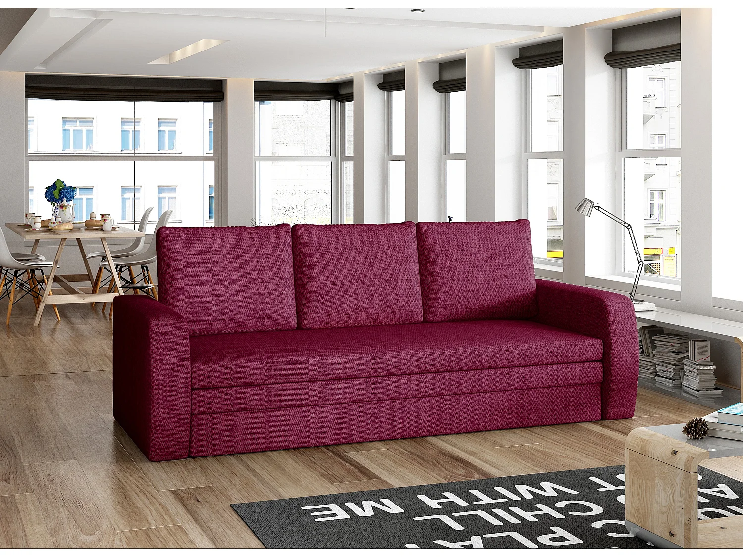 Canapé lit tissu franboise avec coffre de rangement Liverna 220cm