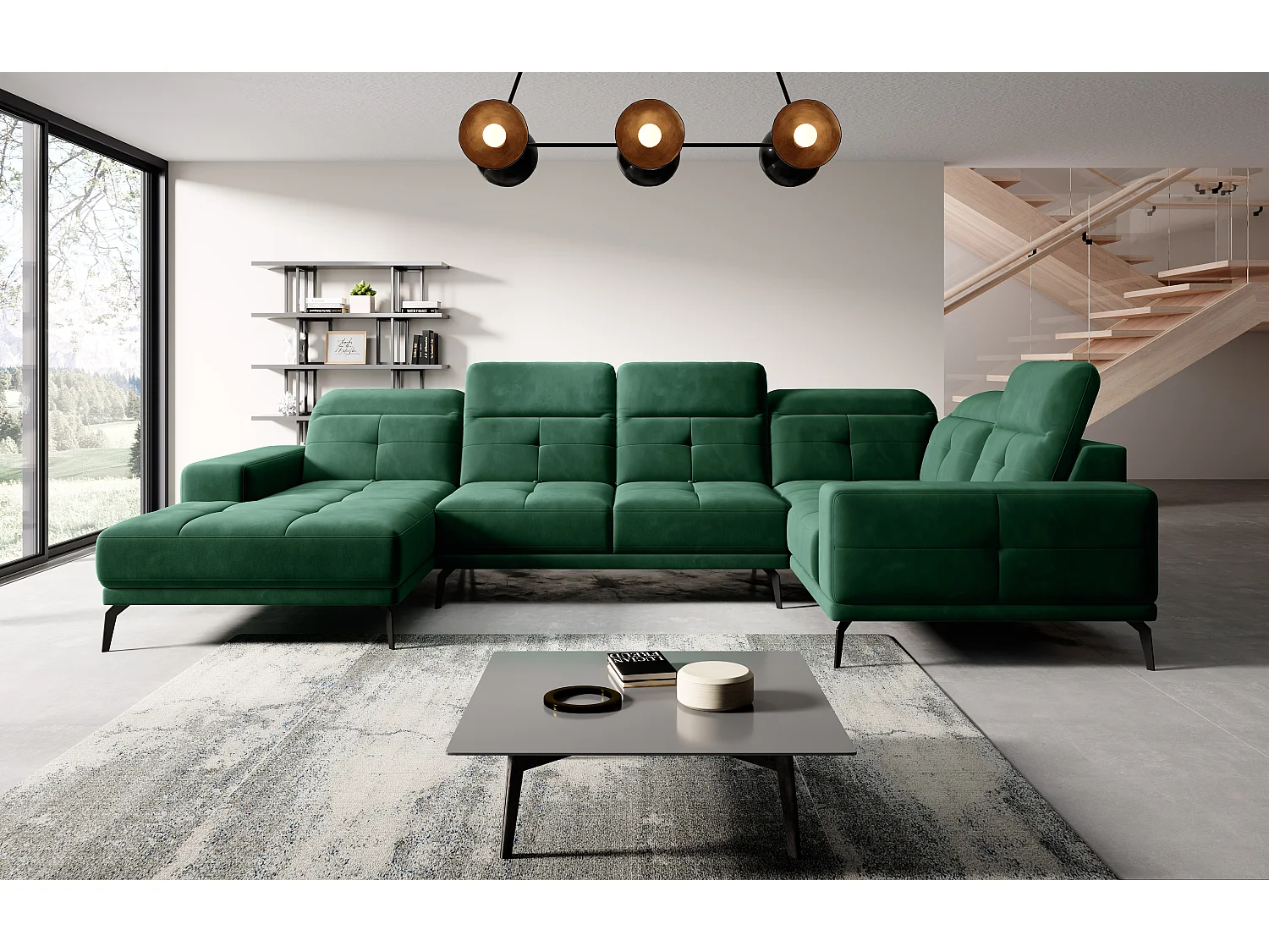 Canapé panoramique design tissu vert foncé têtières angle droit avec accoudoir Stan 350cm