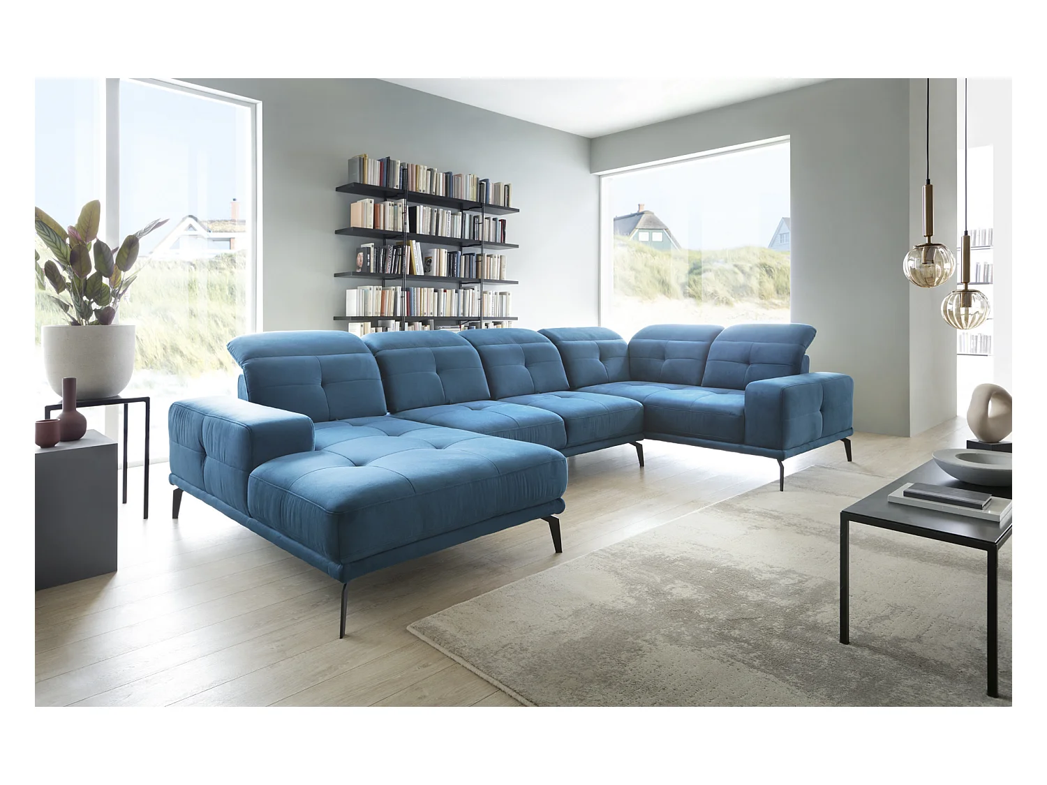 Canapé panoramique design tissu vert foncé têtières angle droit avec accoudoir Stan 350cm