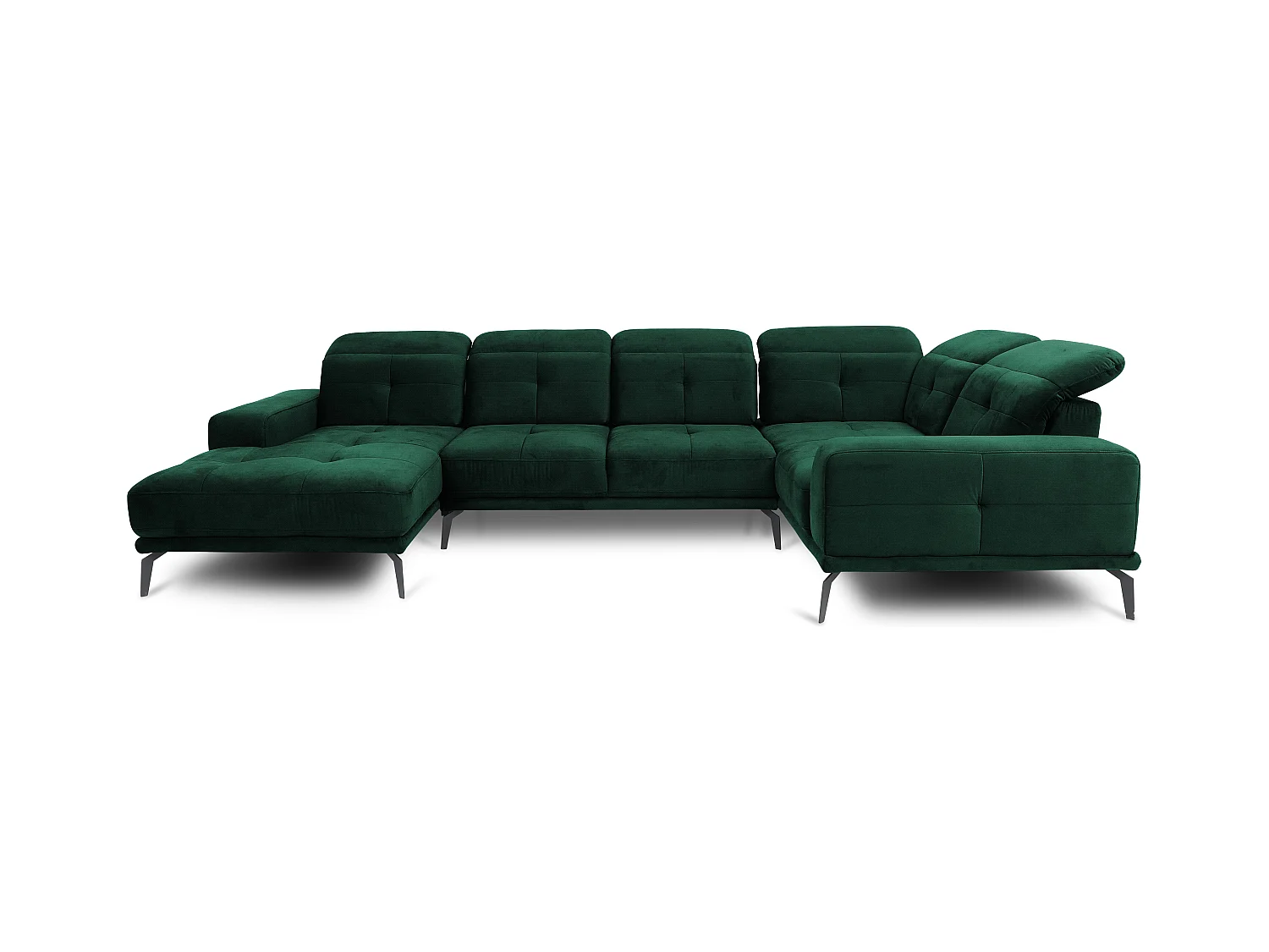 Canapé panoramique design tissu vert foncé têtières angle droit avec accoudoir Stan 350cm
