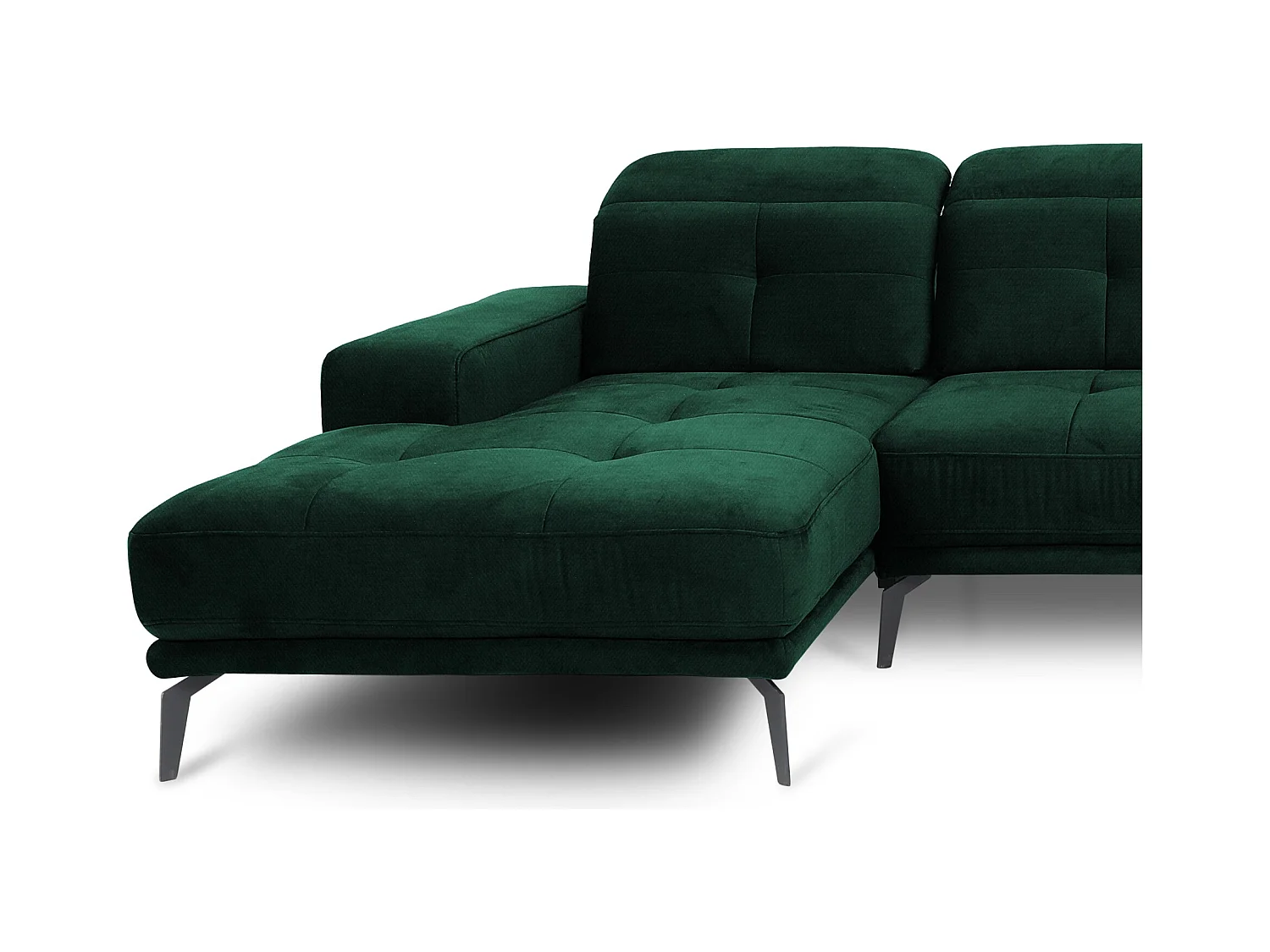 Panoramische designbank in donkergroene stof rechte hoek hoofdsteunen met armleuning Stan 350 cm