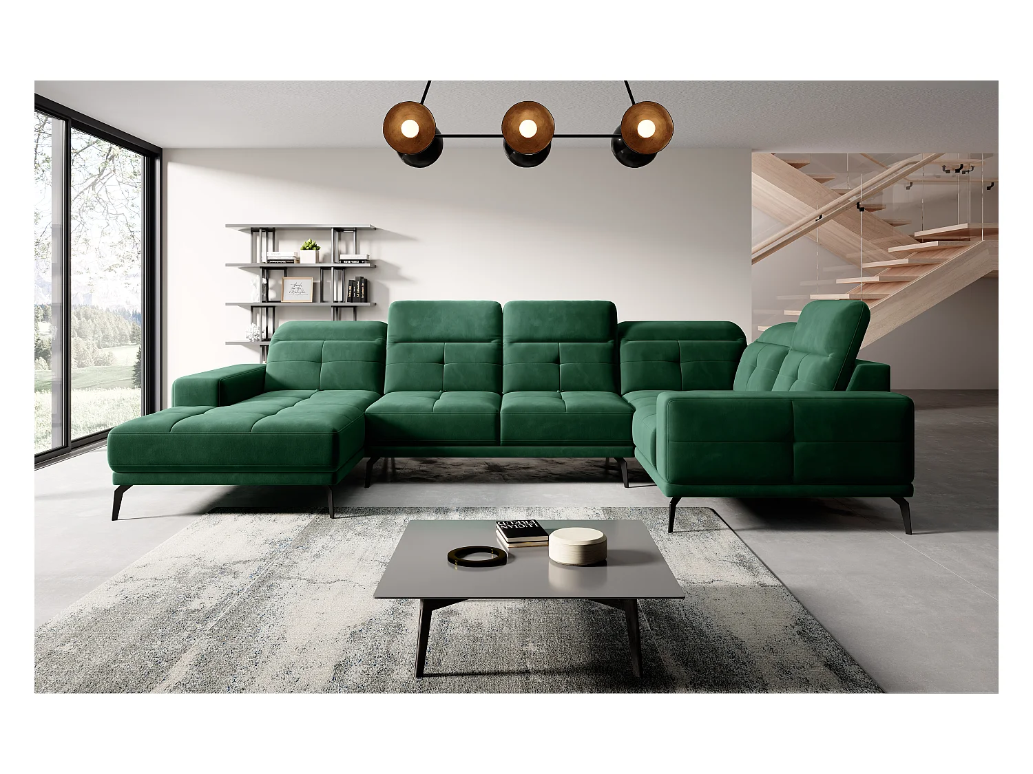 Panoramische designbank in donkergroene stof rechte hoek hoofdsteunen met armleuning Stan 350 cm