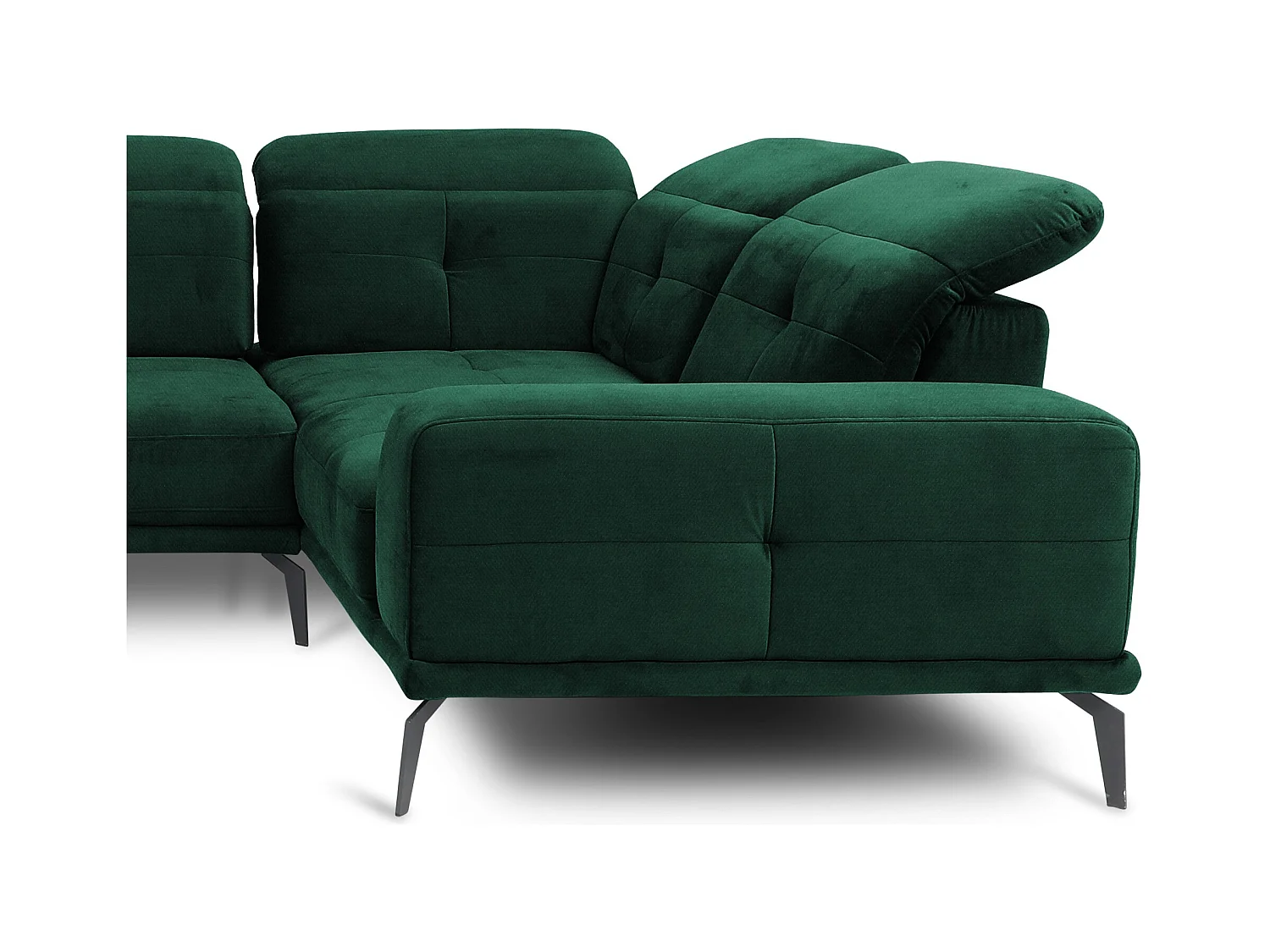 Panoramische designbank in donkergroene stof rechte hoek hoofdsteunen met armleuning Stan 350 cm