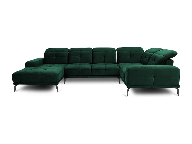 Canapé panoramique design tissu vert foncé têtières angle droit avec accoudoir Stan 350cm