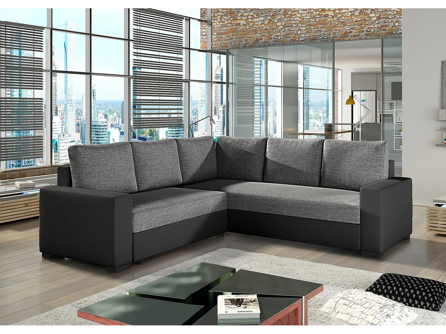 Canapé d'angle convertible simili noir et tissu gris chiné Travor 235cm