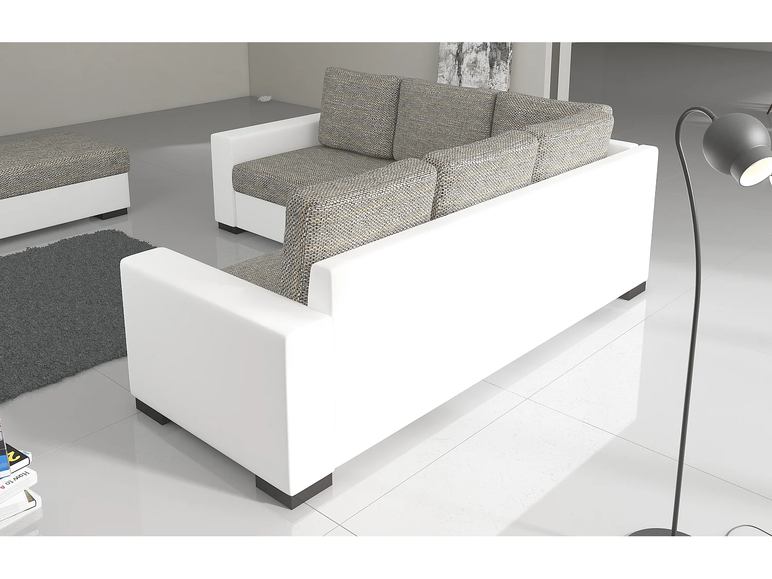 Canapé d'angle convertible simili noir et tissu gris chiné Travor 235cm