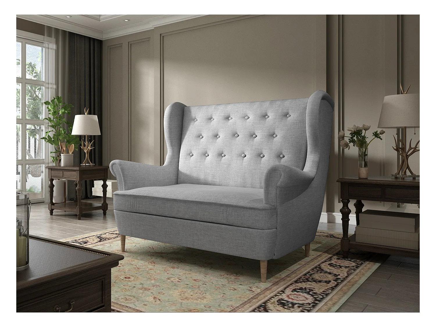 Canapé 2 places tissu gris clair capitonné Lizzi 150cm
