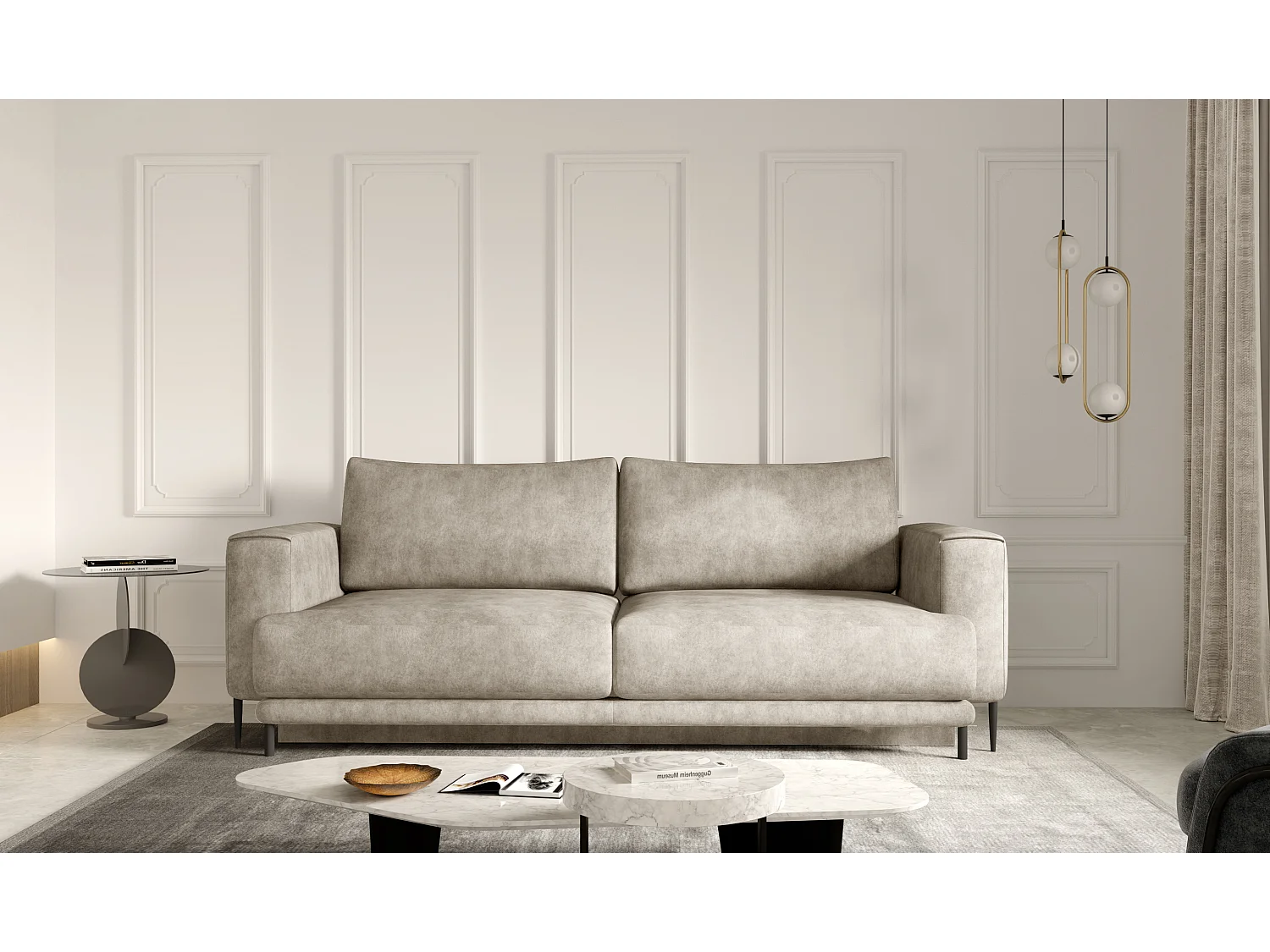 Canapé droit convertible 3 places tissu DAVINA 246cm - Coffre & pieds métal noir-Beige clair vintage