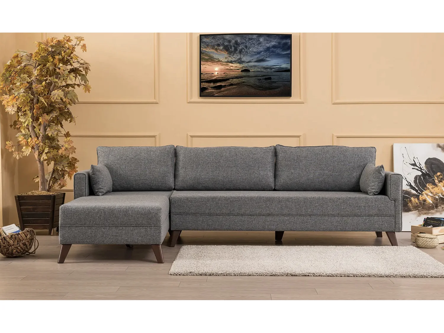 Canapé d'angle gauche 5 places tissu gris Kandy 275cm