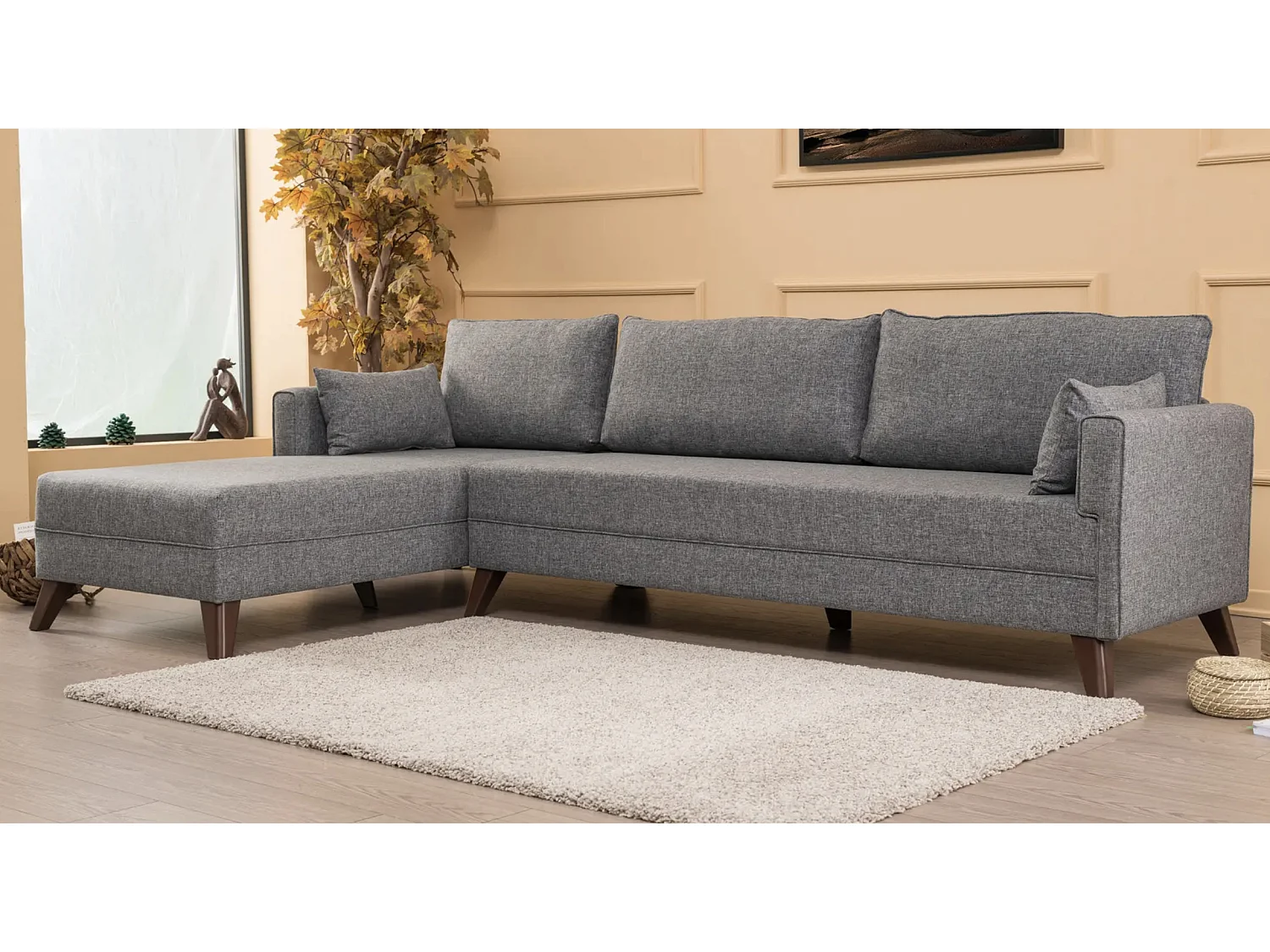 Canapé d'angle gauche 5 places tissu gris Kandy 275cm