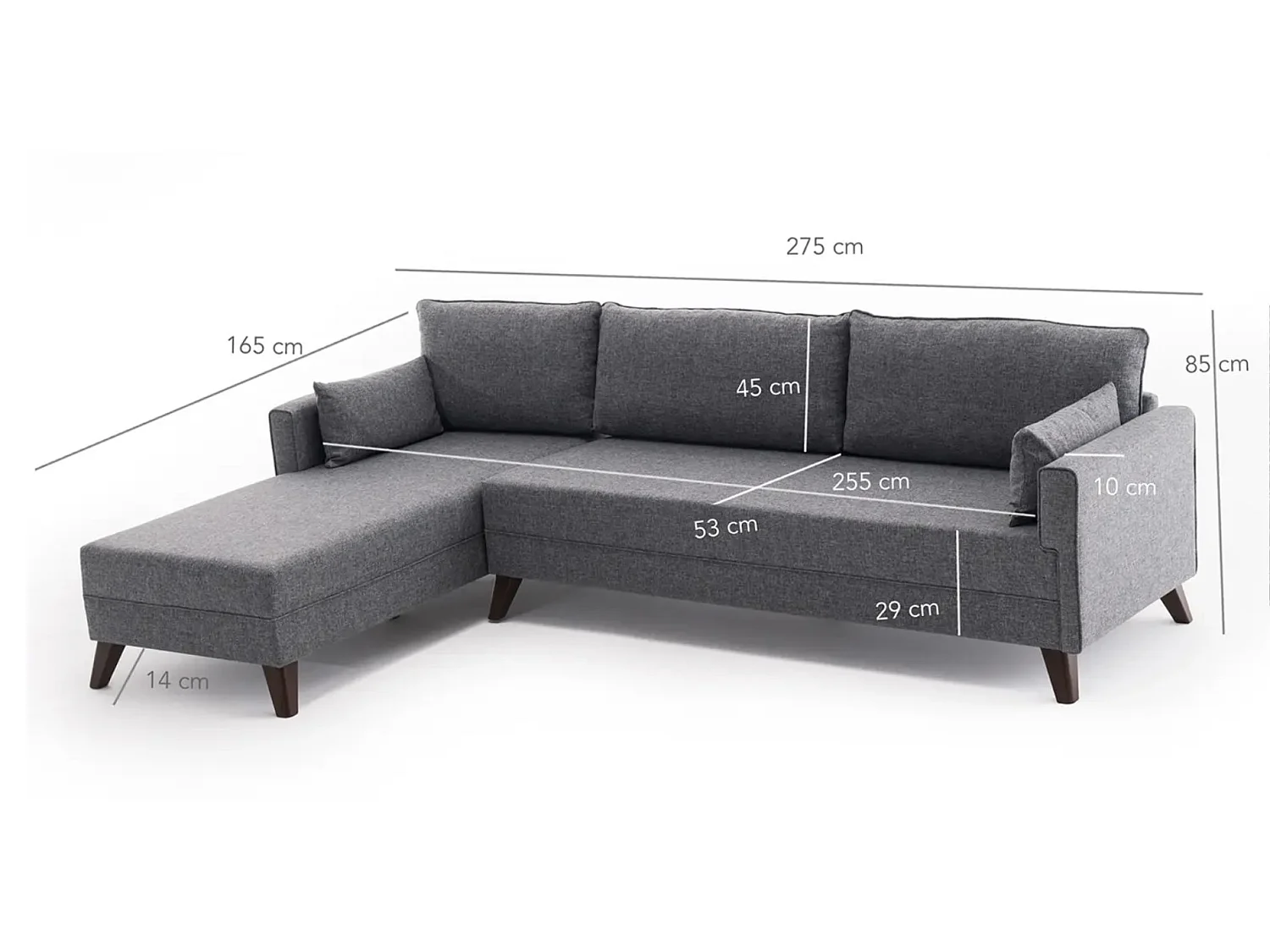 Canapé d'angle gauche 5 places tissu gris Kandy 275cm