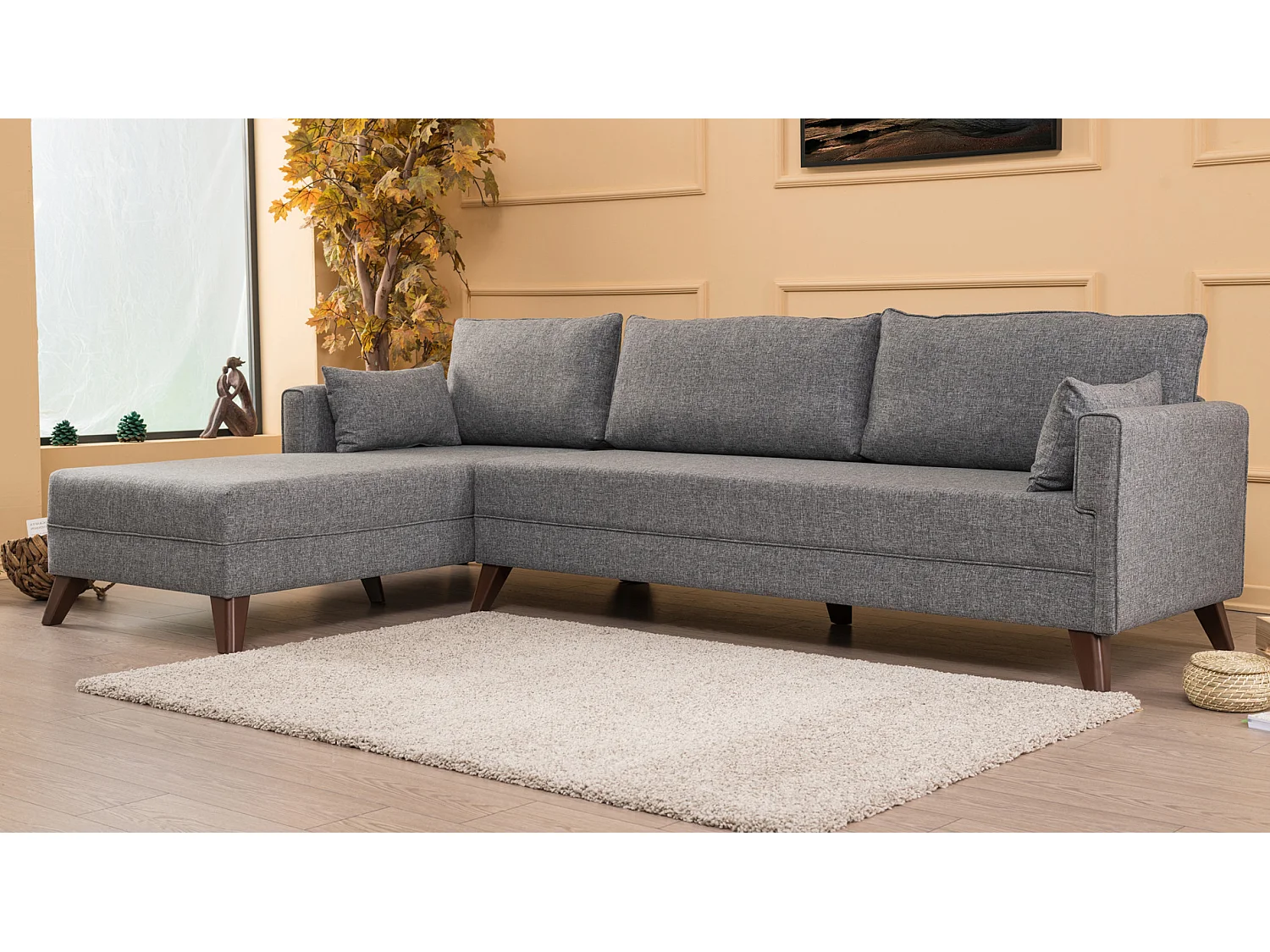 Canapé d'angle gauche 5 places tissu gris Kandy 275cm