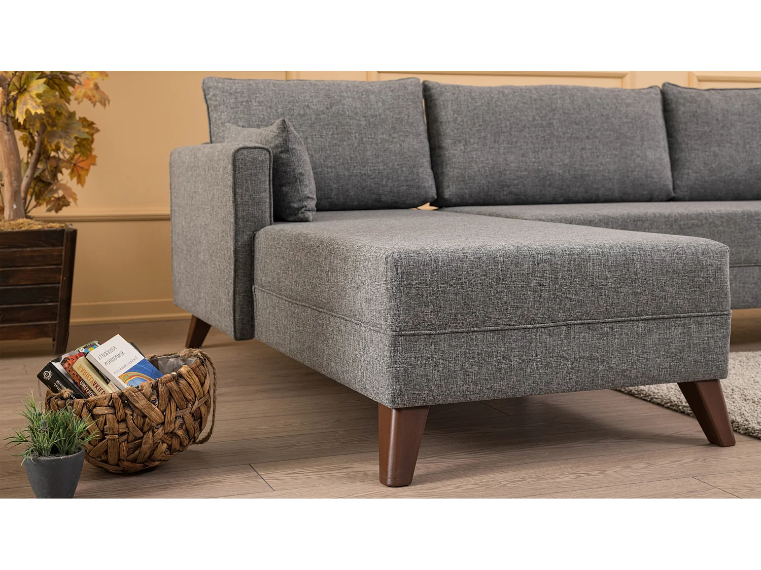 Canapé d'angle gauche 5 places tissu gris Kandy 275cm