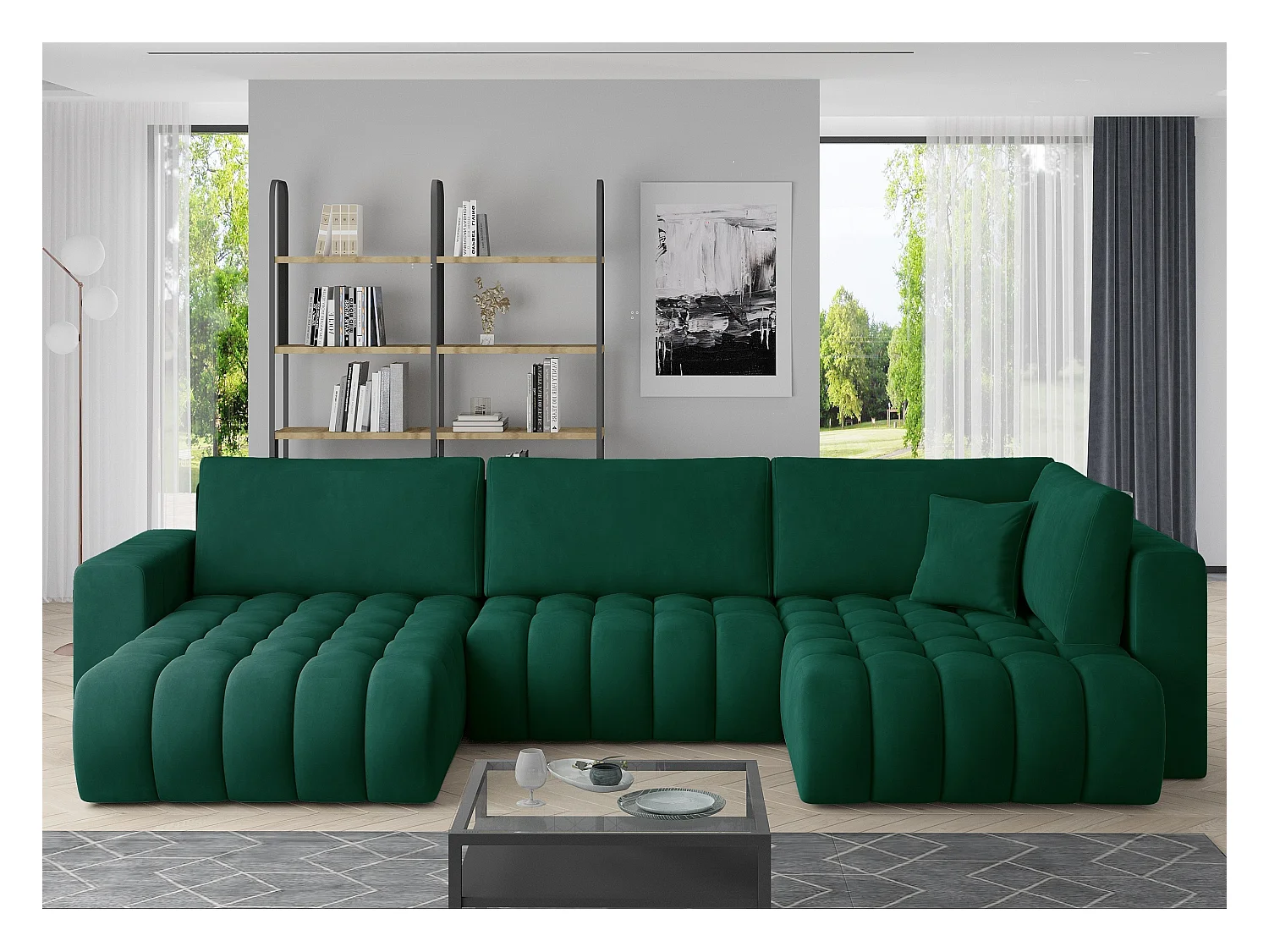 Canapé panoramique convertible design capitonné tissu vert méridienne gauche Boston 350cm