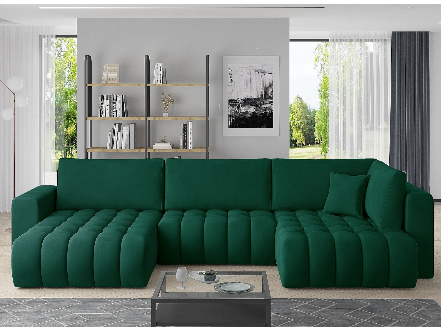 Canapé panoramique convertible design capitonné tissu vert méridienne gauche Boston 350cm