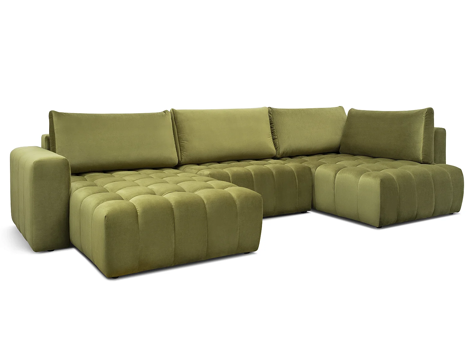Canapé d'angle panoramique convertible 6 places en tissu capitonné vert