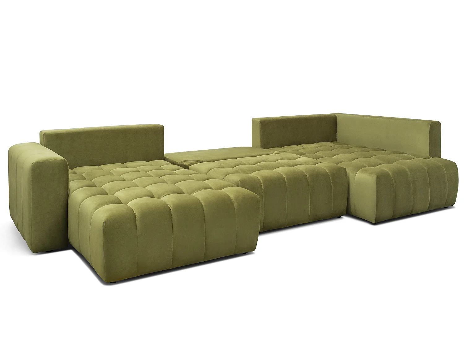 Canapé d'angle panoramique convertible 6 places en tissu capitonné vert