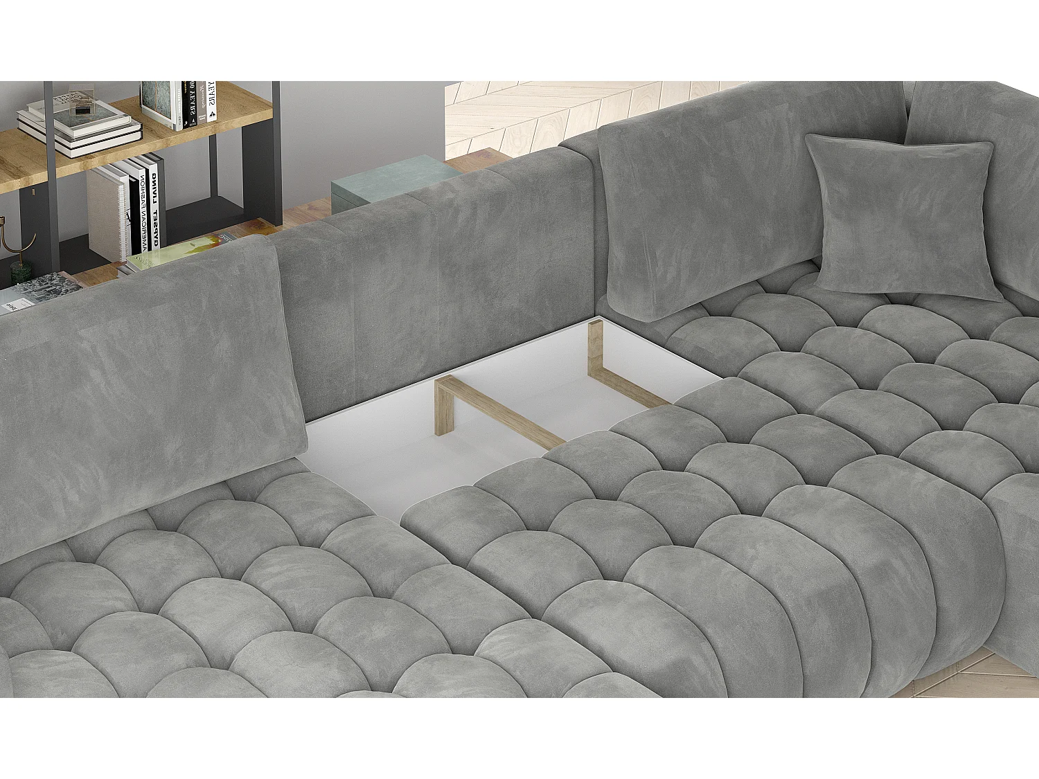 Canapé d'angle panoramique convertible 6 places en tissu capitonné vert